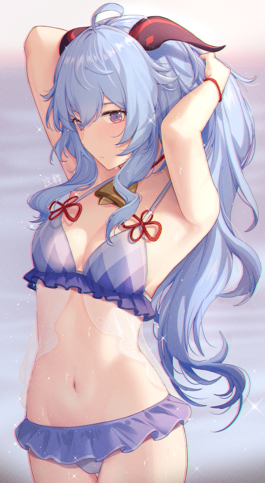 1girl, absurdres, adjusting_hair, alternate_costume, armpits, arms_behind_head, bell, bikini