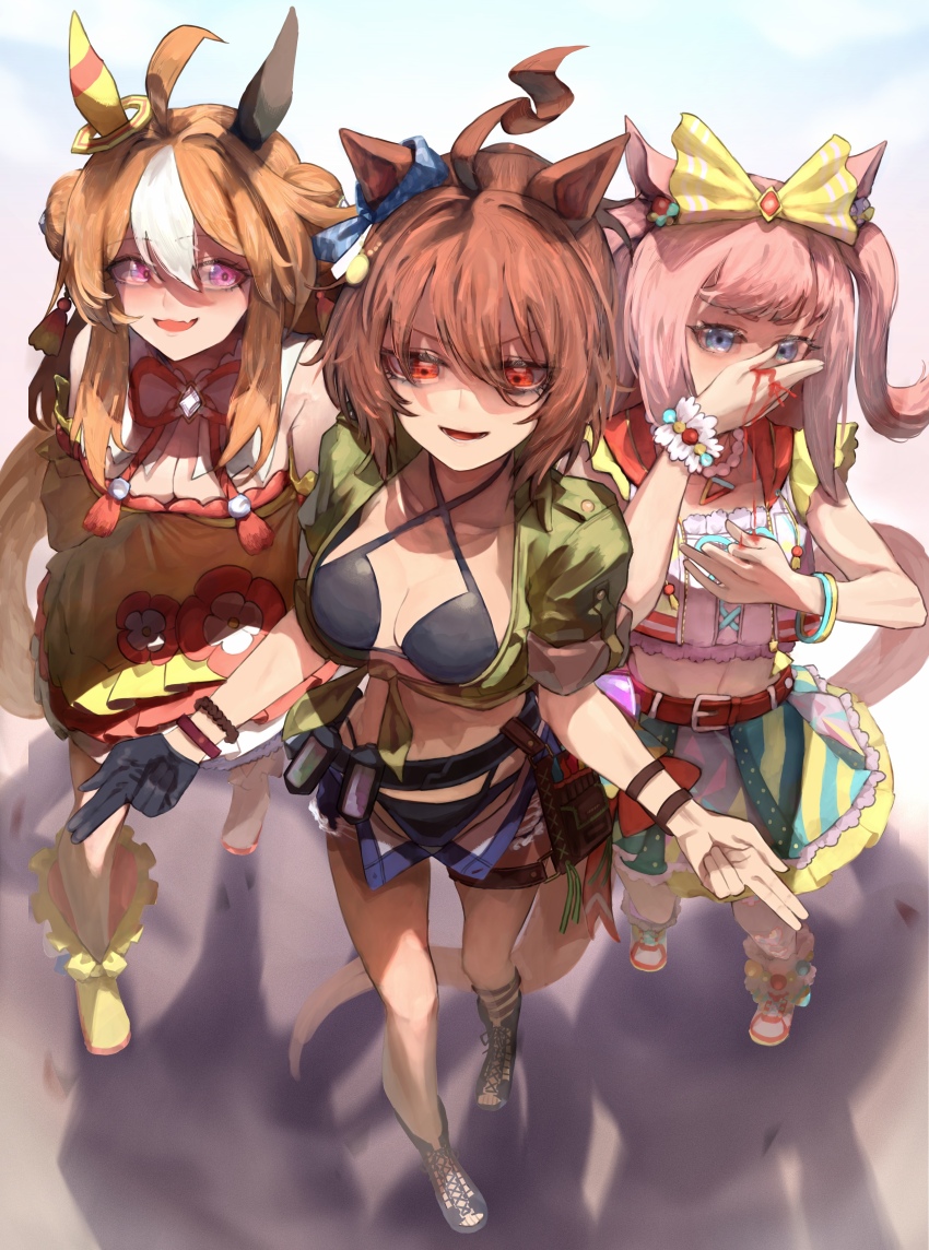 3girls, absurdres, agnes_digital_(umamusume), agnes_tachyon_(lunatic_lab)_(umamusume), agnes_tachyon_(umamusume), ahoge, animal_ears, ankle_boots