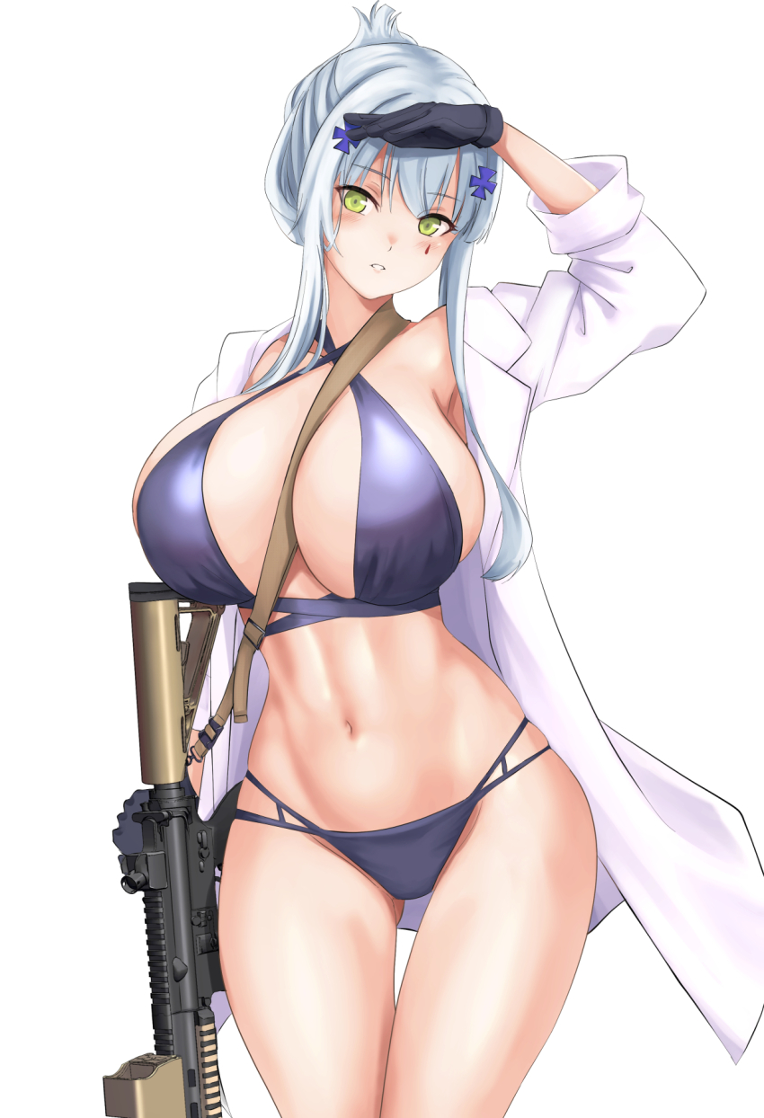 1girl, assault_rifle, bikini, breasts, clukay_(neural_cloud), clukay_(raging_waves)_(neural_cloud), cyka, facial_mark