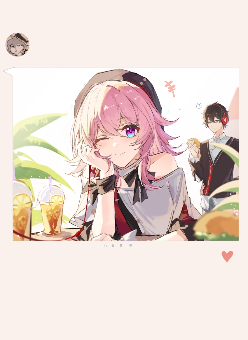 1boy, 1girl, ;), ?, bare_shoulders, black_headwear, blue_eyes, blurry