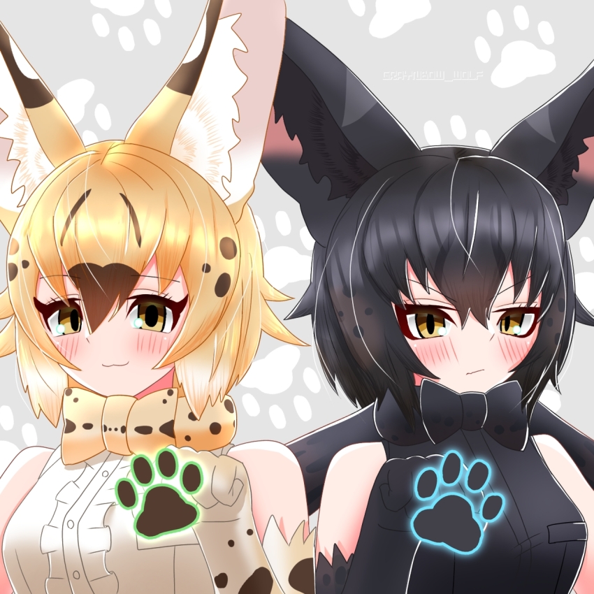 2girls, animal_ears, bare_shoulders, black_hair, black_serval_(kemono_friends), blonde_hair, bow, bowtie