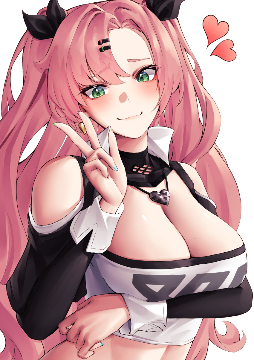 1girl, absurdres, bare_shoulders, black_jacket, black_ribbon, blue_nails, breasts, cleavage, clothing_cutout, commentary_request, green_eyes, hair_ornament, hair_ribbon, hairclip, hand_up, heart, highres, jacket, korean_commentary, large_breasts, long_hair, long_sleeves, looking_at_viewer, midriff, nail_polish, nicole_demara, open_clothes, open_jacket, pink_hair, pyeong_il, ribbon, shoulder_cutout, simple_background, smile, solo, strapless, tube_top, two_side_up, upper_body, very_long_hair, w, white_background, zenless_zone_zero