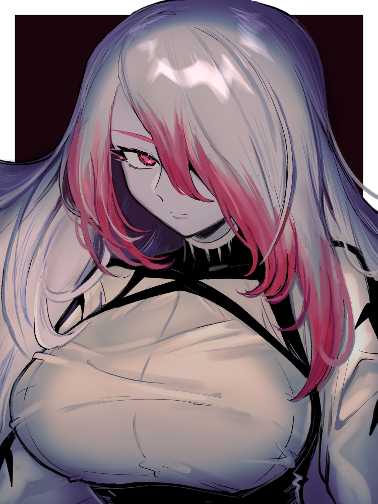 1girl, a_(poipiku_325815), asmodeus_(megido72), black_background, border, breasts, closed_mouth, commentary_request