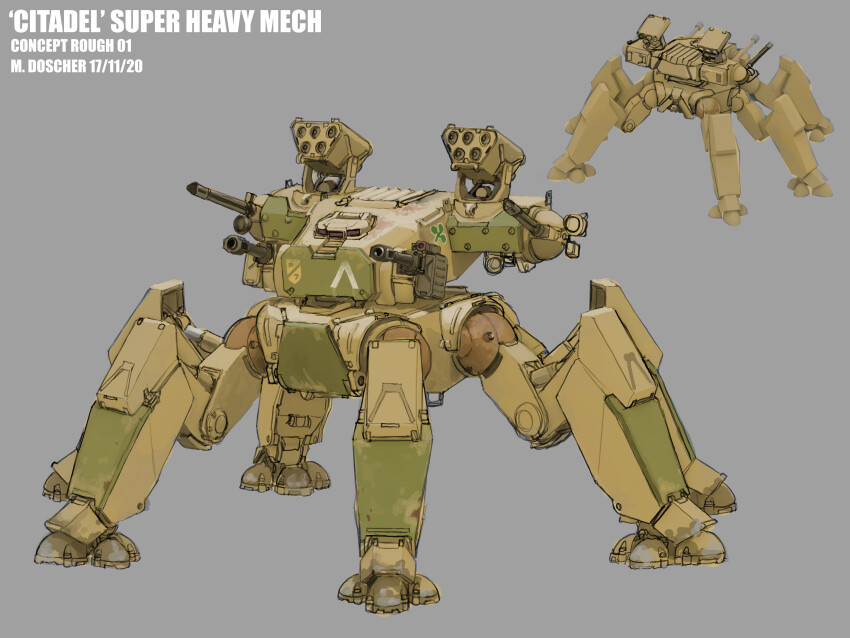 2020, cannon, citadel_super_heavy_mech, commentary, concept_art, dated, english_commentary, english_text, extra_legs, gatling_gun, gun, highres, machine_gun, machinery, mecha, mecha_focus, mike_doscher, military, missile_pod, no_humans, realistic, robot, science_fiction, spider_tank, turret, walker_(robot), weapon