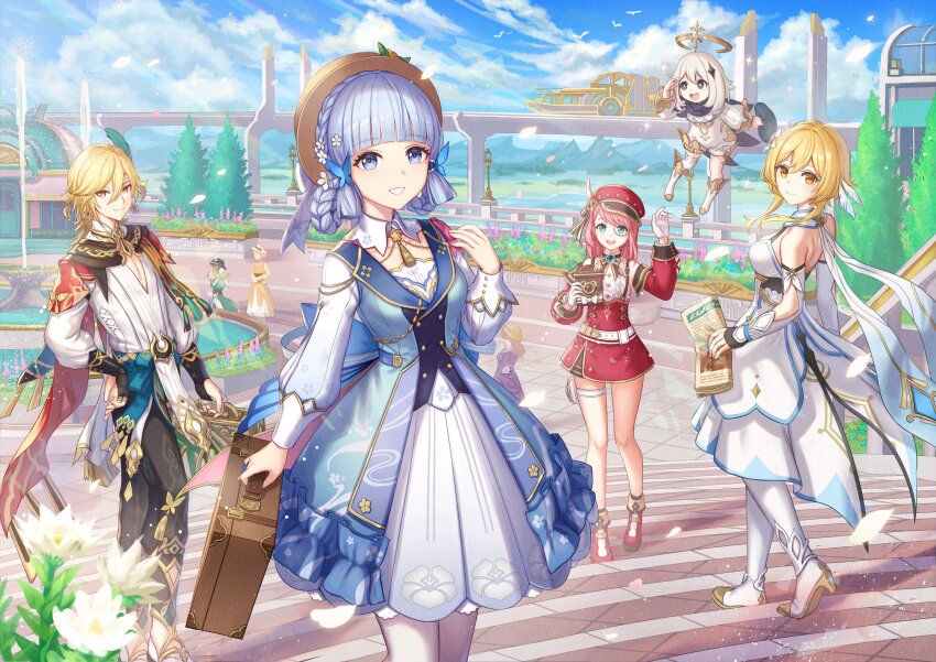 1boy, 4girls, absurdres, anbe_yoshirou, asymmetrical_sidelocks, ayaka_(genshin_impact), belt, black_scarf