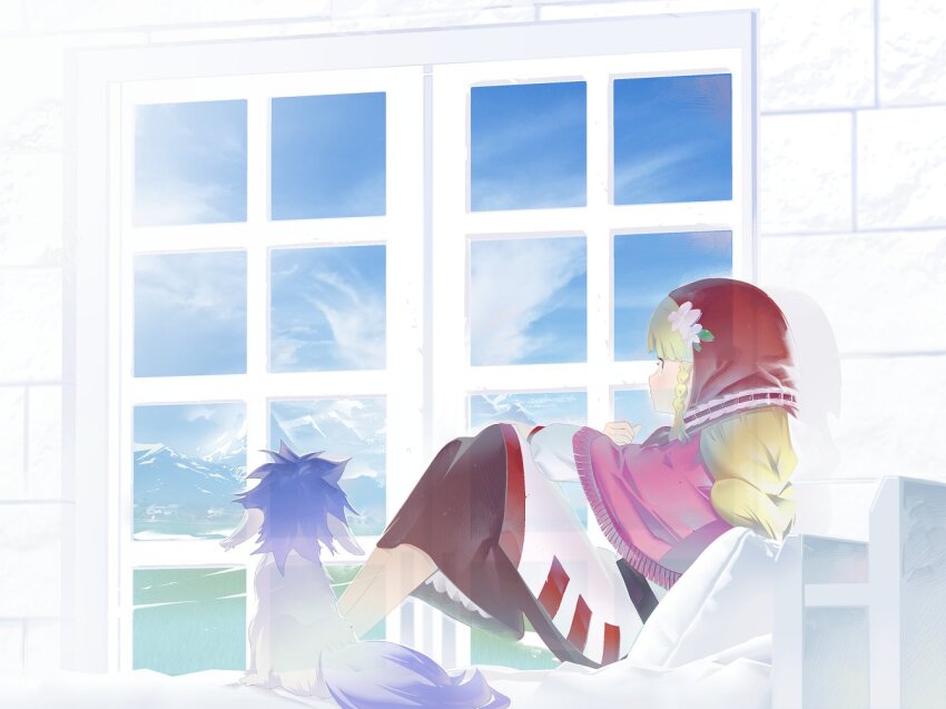 1girl, arc_the_lad, arc_the_lad_ii, blonde_hair, blue_eyes, braid, closed_mouth, cloud