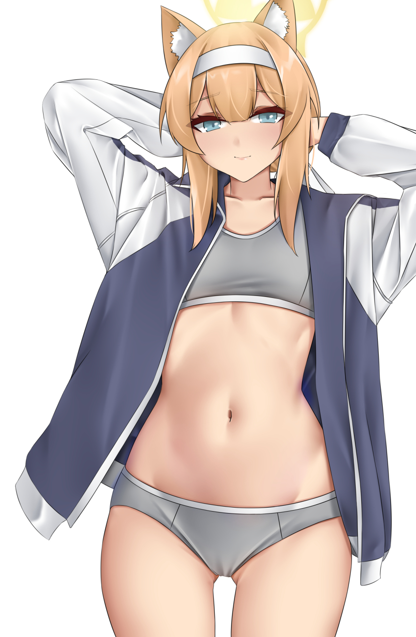 1girl, absurdres, animal_ear_fluff, animal_ears, arms_behind_head, arms_up, black_jacket, blue_archive