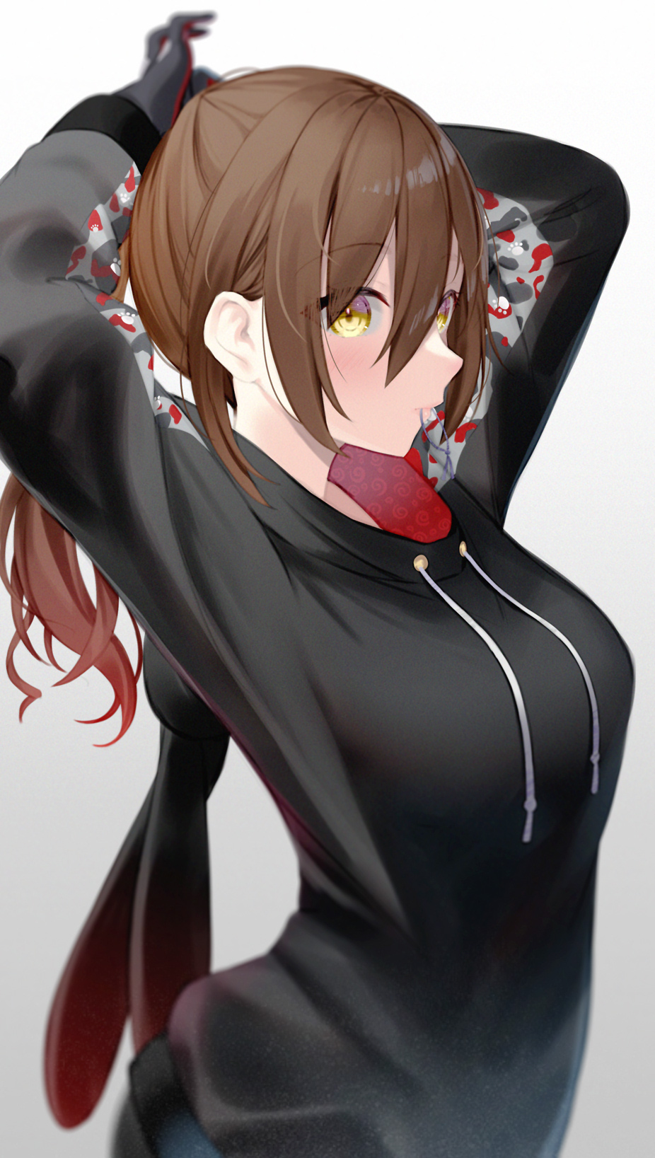 1girl, arms_behind_head, black_hoodie, breasts, brown_hair, hair_between_eyes, hair_tie, highres
