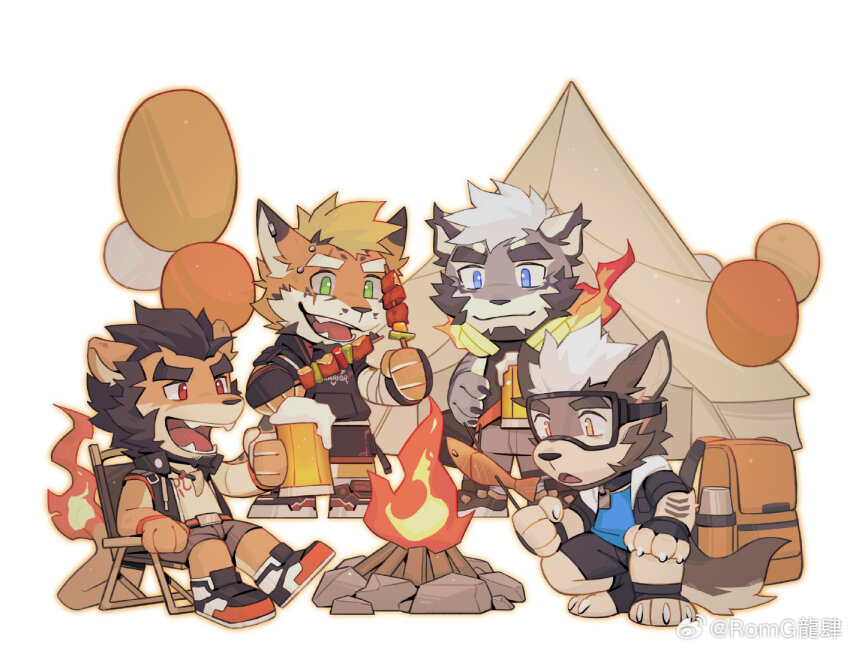 4boys, alca_(wakatanka4), alca_the_lion, animal_ears, bara, beard, beenic, campfire