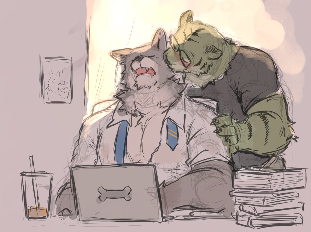 2boys, bara, blackham, bone_print, book, book_stack, comforting, computer, couple, fangs, furry, furry_male, furry_with_furry, glasses, green_fur, hand_on_another's_shoulder, kissing_head, laptop, large_pectorals, male_focus, multiple_boys, muscular, muscular_male, open_mouth, original, pectoral_cleavage, pectorals, salaryman, shirt, short_hair, t-shirt, thick_eyebrows, tiger_boy, upper_body, wolf_boy, yaoi