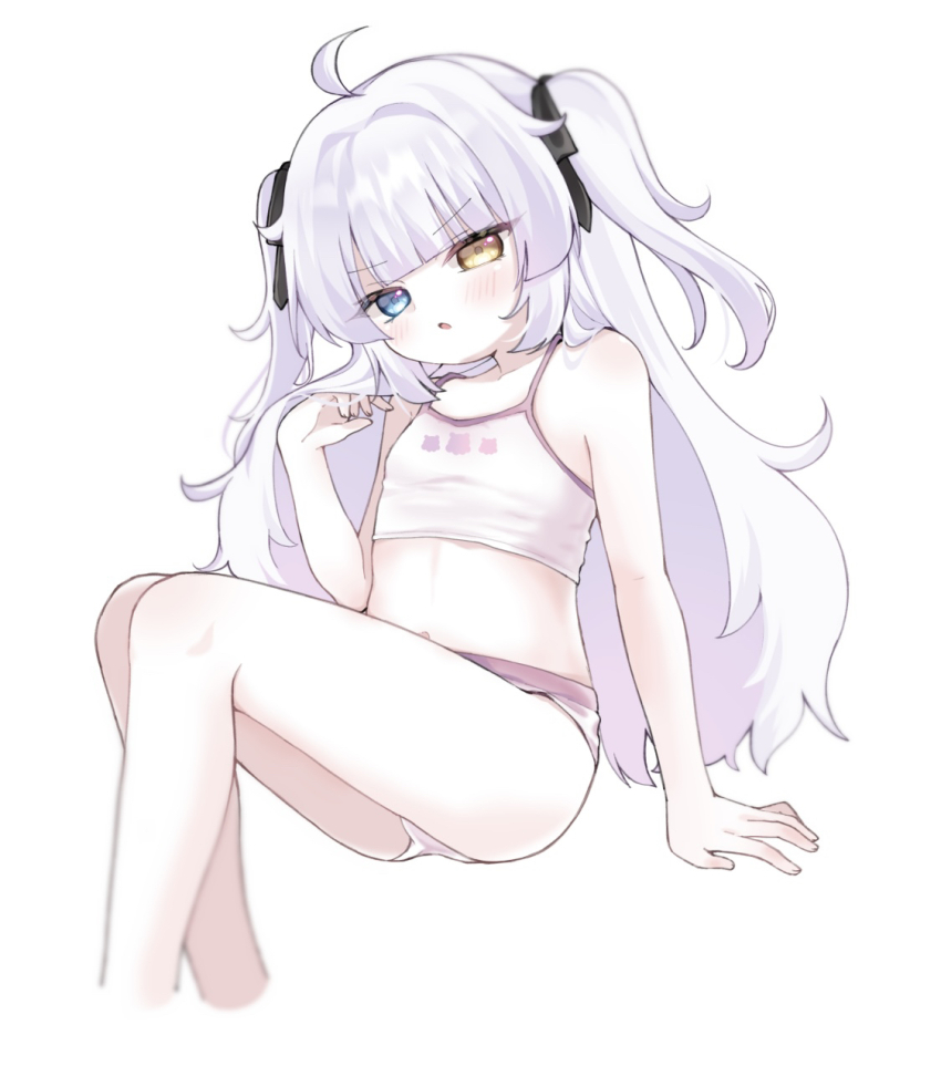 1girl, ahoge, arm_support, bare_arms, bare_legs, bare_shoulders, black_ribbon, blue_eyes