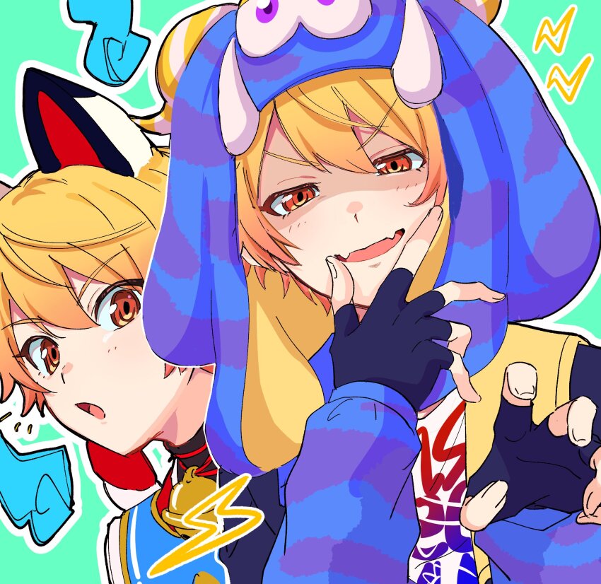 2boys, animal_ears, bell, black_gloves, blonde_hair, blue_background, blue_jacket, blush