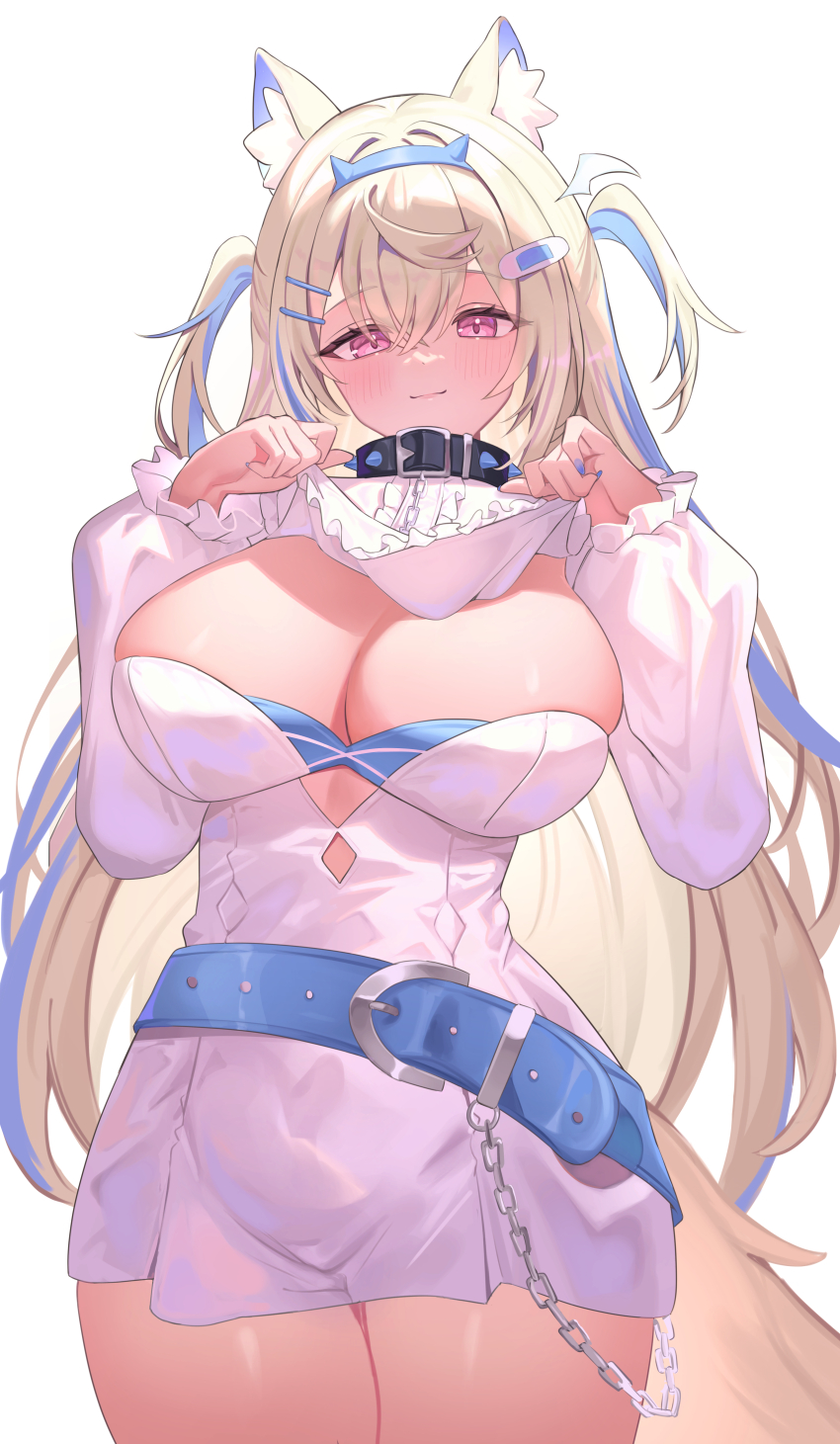 1girl, absurdres, animal_collar, animal_ear_fluff, animal_ears, bandaid, bandaid_hair_ornament, belt, black_collar, blonde_hair, blue_belt, blue_hair, blue_hairband, blue_nails, breasts, center_frills, cleavage, cleavage_cutout, closed_mouth, clothing_cutout, collar, crossed_bangs, cutout_above_navel, detached_collar, dog_ears, dog_girl, dog_tail, double-parted_bangs, dress, fake_horns, fingernails, frilled_shirt_collar, frills, fuwawa_abyssgard, fuwawa_abyssgard_(1st_costume), hair_between_eyes, hair_intakes, hair_ornament, hairband, hairclip, highres, hololive, hololive_english, homura_(homur4_homu), horns, large_breasts, long_hair, long_sleeves, looking_at_viewer, multicolored_hair, nail_polish, pink_eyes, short_dress, simple_background, smile, solo, spiked_collar, spikes, streaked_hair, tail, thighs, two_side_up, upper_body, virtual_youtuber, white_background, white_dress