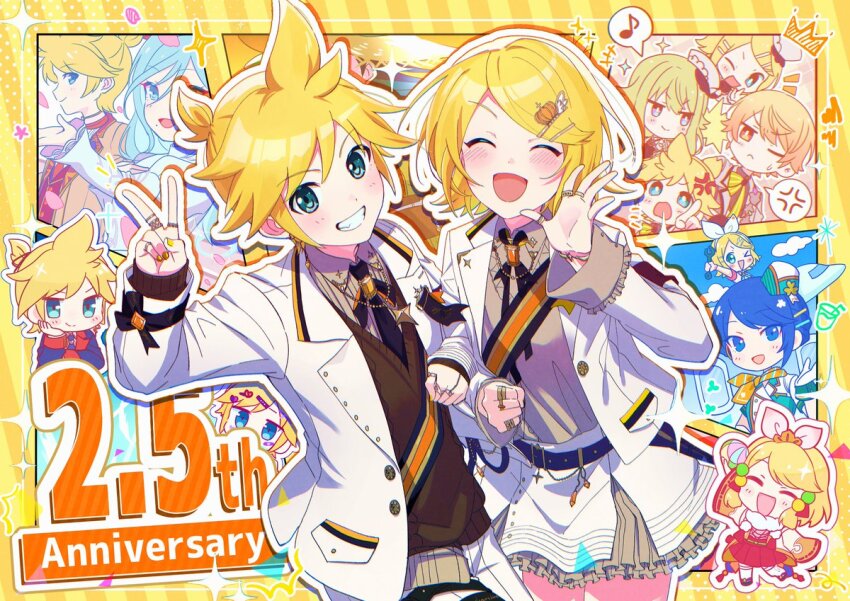 25-ji_len, anniversary, ano_hi_no_yume_no_kanata_mukou_e_(project_sekai), belt, blonde_hair, blue_belt, blue_eyes, blue_hair