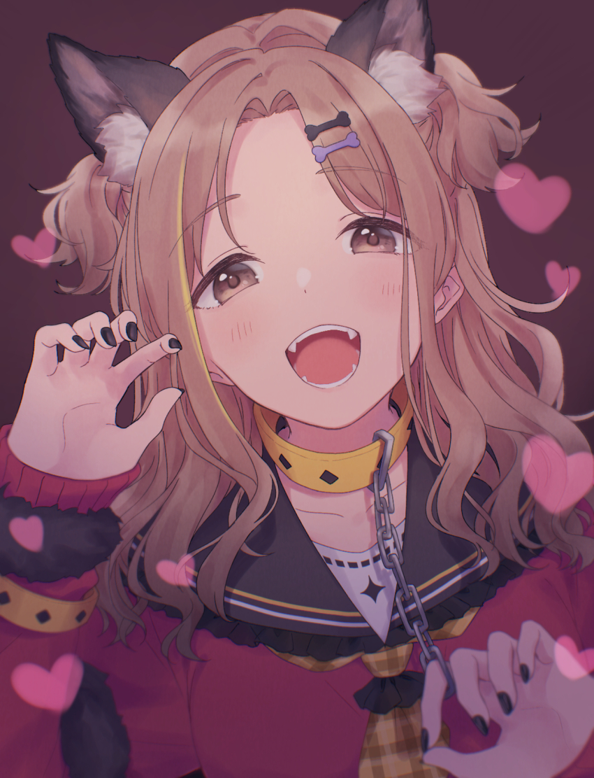 1girl, alternate_hairstyle, animal_ear_fluff, animal_ears, belt, belt_collar, black_nails, black_sailor_collar