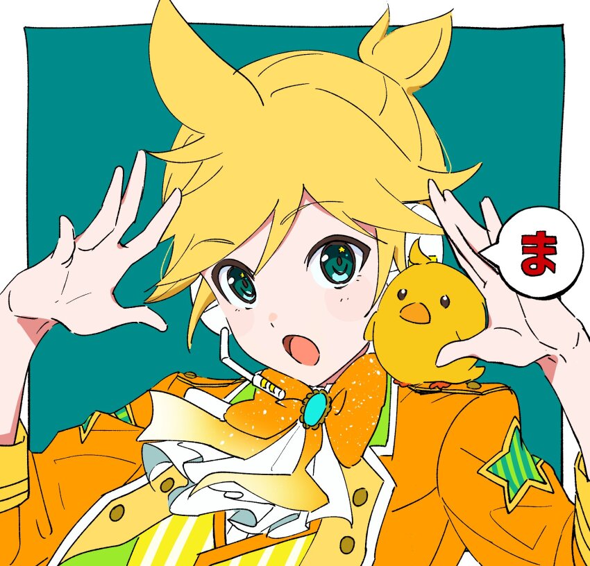 1boy, aqua_eyes, baby_animal, bird, blonde_hair, bow, bowtie, brooch