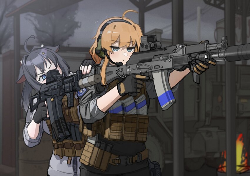 2girls, absurdres, ahoge, aiming, animal_ears, assault_rifle, black_hair, blonde_hair
