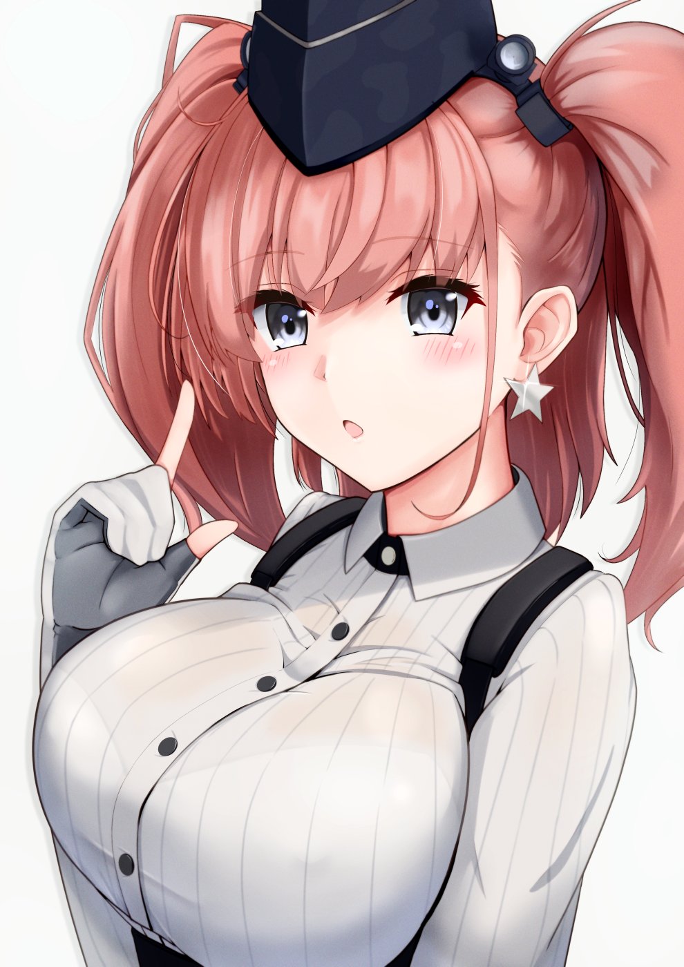 1girl, atlanta_(kancolle), black_hat, blush, bra, bra_visible_through_clothes, brown_hair, buttons