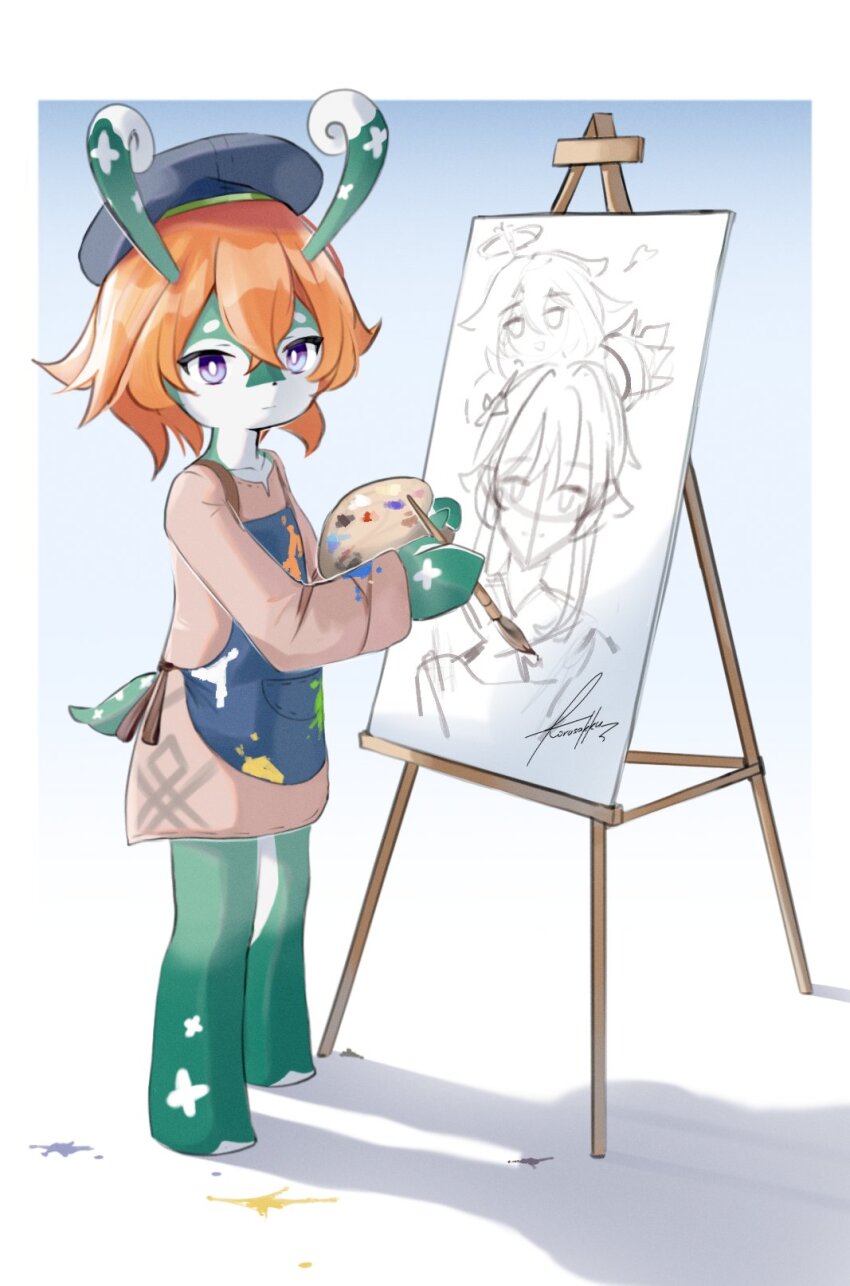 1girl, animal, apron, beret, blue_background, drawing, easel, furry, furry_female, genshin_impact, green_fur, hat, highres, horns, korusakku, long_sleeves, mamere_(genshin_impact), melusine_(genshin_impact), orange_hair, paintbrush, painting_(object), paint_palette, purple_eyes, short_hair, signature, simple_background, sketch, tail, two-tone_fur, white_background, white_fur