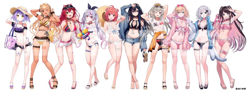 4girls, absurdres, ankle_strap, anklet, arm_strap, arm_up, armband, arms_up, bag, bandaid, bandaid_on_knee, bandaid_on_leg, bandaid_on_thigh, bare_arms, bare_legs, bare_shoulders, barefoot, bikini, bikini_under_clothes, black_bikini, black_hair, black_nails, black_ribbon, blonde_hair, blue_bow, blue_jacket, bow, bow_choker, bow_hairband, bow_swimsuit, breasts, butterfly_necklace, butterfly_ornament, choker, colored_inner_hair, comiket_102, crossed_bangs, cut_bangs, double_bun, ear_piercing, earrings, eyewear_on_head, frilled_armband, frilled_bikini, frilled_choker, frilled_straps, frilled_thigh_strap, frilled_wristband, frills, front-tie_bikini_top, front-tie_top, gradient_hair, green_eyes, grey_hair, hair_between_eyes, hair_bow, hair_bun, hair_ornament, hair_ribbon, hairband, hairclip, hat, hat_bow, hat_with_ears, heart, heart_tattoo, highleg, highleg_bikini, highres, holding, holding_removed_eyewear, holding_sandals, holding_unworn_clothes, holding_unworn_hat, holding_water_gun, holding_weapon, ichinose_uruha, ichinose_uruha_(summer_c102), jacket, jewelry, kaga_nazuna, kaga_nazuna_(summer_c102), kaga_sumire, kaga_sumire_(summer_c102), kaminari_qpi, kaminari_qpi_(summer_c102), komori_met, komori_met_(summer_c102), kurebayashi_noe, kurumi_noah, kurumi_noah_(summer_c102), large_breasts, leg_tattoo, long_hair, long_sleeves, looking_at_viewer, medium_breasts, multicolored_hair, multiple_girls, navel, necklace, nekota_tsuna, nekota_tsuna_(summer_c102), o-ring, o-ring_thigh_strap, off-shoulder_bikini, off_shoulder, official_alternate_costume, official_art, open_shoes, orange_eyes, orange_nails, pendant, piercing, pink_bikini, pink_bow, pink_hair, plastic_bag, purple_bow, purple_eyes, purple_hair, rabbit_hair_ornament, rabbit_tail, red_eyes, red_hair, ribbon, ribbon-trimmed_bikini, ribbon_trim, sandals, see-through_clothes, see-through_jacket, see-through_shirt, see-through_sleeves, shinomiya_runa, shinomiya_runa_(summer_c102), shirt, short_hair, short_shorts, shorts, side-tie_bikini_bottom, simple_background, small_breasts, smile, speech_bubble, spiked_ear_piercing, standing, stomach, strap, straw_hat, string_bikini, striped_bikini, striped_clothes, stuffed_animal, stuffed_cat, stuffed_toy, sun_hat, sunglasses, swimsuit, swimsuit_cover-up, swimsuit_under_clothes, tachi-e, tail, tankini, tattoo, thigh_bow, thigh_strap, thighlet, toes, tosaki_mimi, tosaki_mimi_(summer_c102), two-tone_hair, two_side_up, unworn_eyewear, unworn_hat, unworn_headwear, virtual_youtuber, vspo!, waist_ribbon, water_gun, watermark, weapon, wet, wet_clothes, wet_shirt, white_background, white_ribbon, wristband, x_hair_ornament, yellow_bikini, yellow_eyes, yumeno_akari, yumeno_akari_(summer_c102)