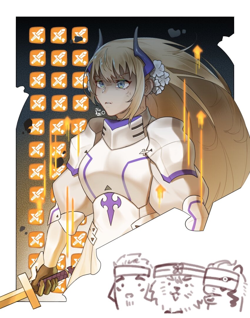 angry, armor, arrow_(symbol), blonde_hair, cerastium_(live_a_hero), flower, hair_flower, hair_ornament, highres, kiekoio, live_a_hero, rexer_(live_a_hero), shaft_(live_a_hero), shield, toshu_(live_a_hero)