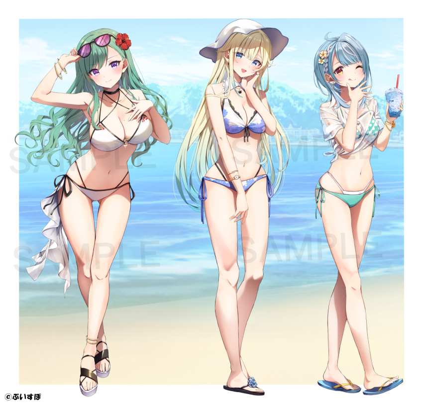 3girls, aizawa_ema, aizawa_ema_(summer_c102), anklet, bare_legs, bare_shoulders, bikini, black_choker