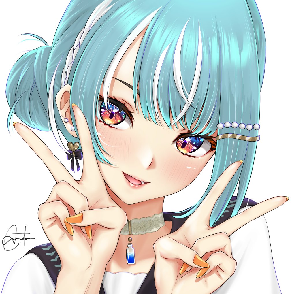 1girl, black_sailor_collar, blue_hair, blush, choker, double_v, earrings, gyaru, hair_bun, head_tilt, heart, heart_earrings, jewelry, lips, looking_at_viewer, multicolored_hair, muton_(muton82), nail_polish, orange_eyes, orange_nails, sailor_collar, shiranami_ramune, shiranami_ramune_(2nd_costume), shirt, short_hair, simple_background, smile, solo, streaked_hair, v, virtual_youtuber, vspo!, white_background, white_choker, white_hair, white_shirt