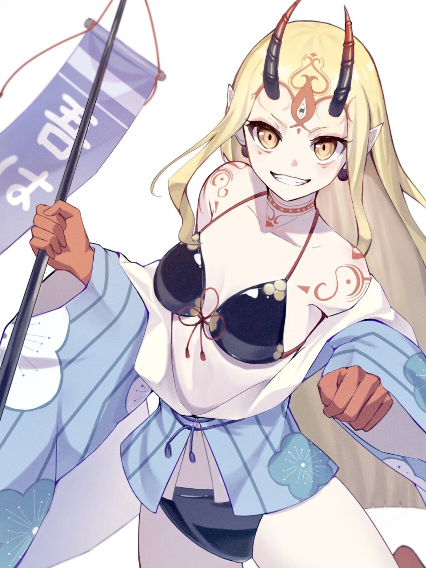1girl, banner, bikini, black_bikini, blonde_hair, earrings, fate/grand_order, fate_(series), grin, highres, horns, ibaraki_douji_(fate), ibaraki_douji_(swimsuit_lancer)_(fate), ibaraki_douji_(swimsuit_lancer)_(first_ascension)_(fate), jewelry, long_hair, oni_horns, papukin, pointy_ears, smile, swimsuit, tattoo, white_background, wide_sleeves, yellow_eyes