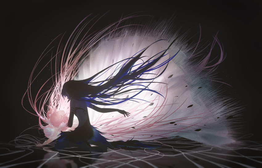 2girls, absurdres, akemi_homura, akuma_homura, bare_back, barefoot, black_background, black_dress, black_gloves, black_hair, chinese_commentary, commentary_request, contrast, dark, dinned, dress, elbow_gloves, floating_hair, from_side, full_body, gloves, glowing, highres, kaname_madoka, long_hair, looking_at_another, mahou_shoujo_madoka_magica, mahou_shoujo_madoka_magica:_hangyaku_no_monogatari, multiple_girls, outstretched_arm, pink_hair, reflection, seiza, sitting, strapless, strapless_dress, two_side_up, ultimate_madoka, very_long_hair, white_dress, white_gloves