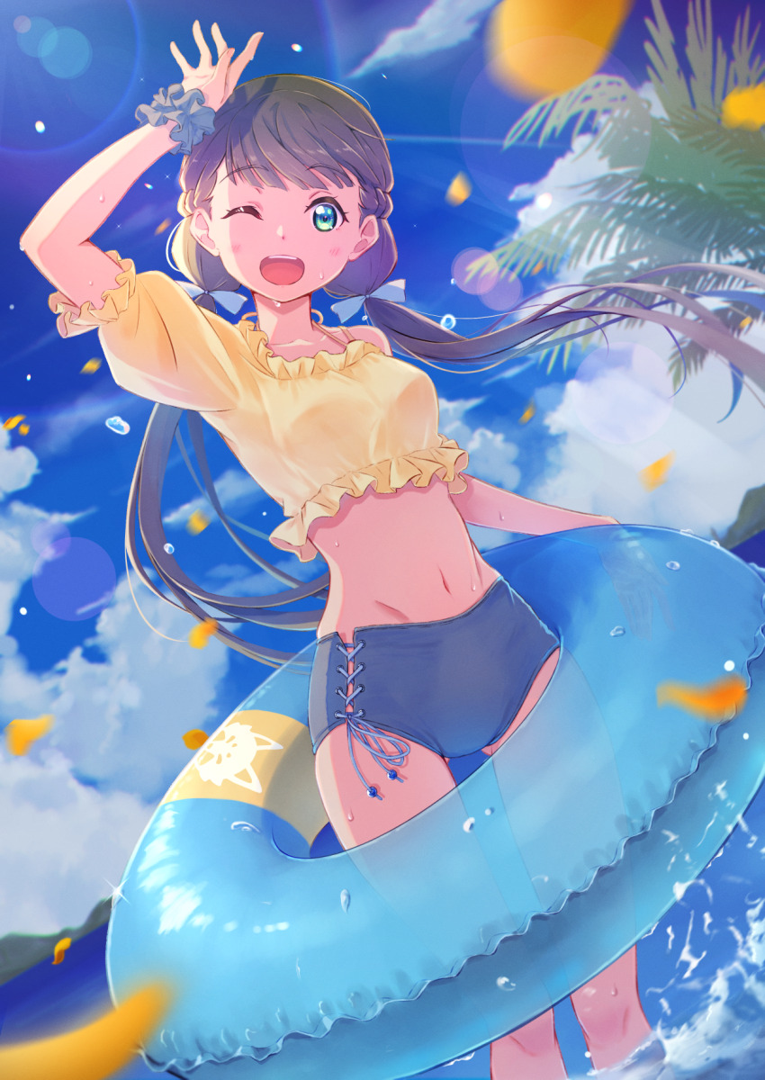 1girl, blue_sky, brown_hair, cloud, green_eyes, highres, innertube, long_hair