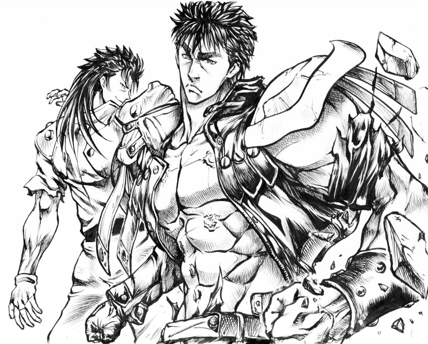 2boys, armor, eyebrows, foreshortening, greyscale, highres, hokuto_musou, hokuto_no_ken
