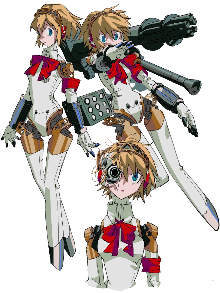 1girl, \||/, aigis_(persona), aiming, android, arm_mounted_weapon, blonde_hair, blue_eyes, bow, bowtie, closed_mouth, collared_shirt, commentary_request, cropped_torso, empty_eyes, expressionless, foot_up, gatling_gun, gloves, head_tilt, headphones, joints, mechabare, messy_hair, minigun, missile_pod, missing_eye, multiple_views, outstretched_arm, pants, persona, persona_3, pure_to_ma, red_bow, red_bowtie, robot_girl, robot_joints, shirt, short_hair, shoulder_cannon, simple_background, torn_skin, white_background, white_gloves, white_pants, white_shirt, ||/