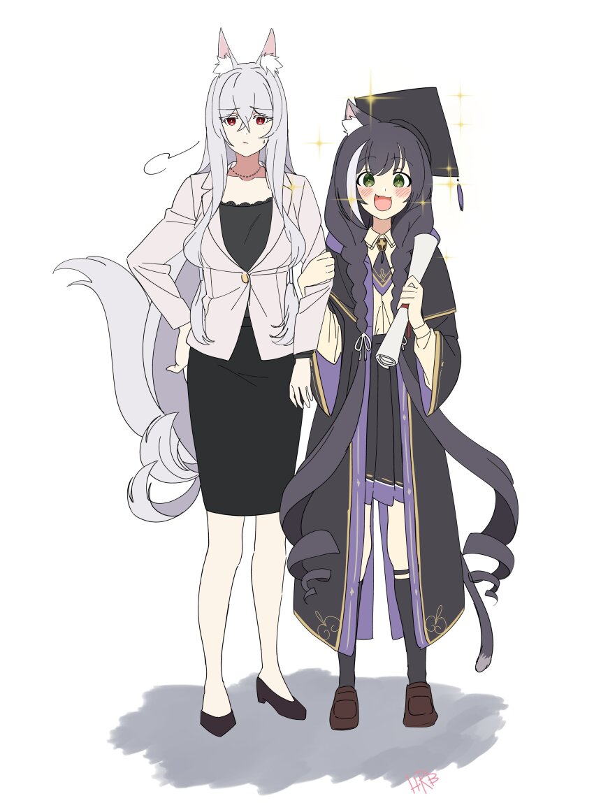 2girls, :/, :d, absurdres, animal_ears, black_hair, black_headwear, blush