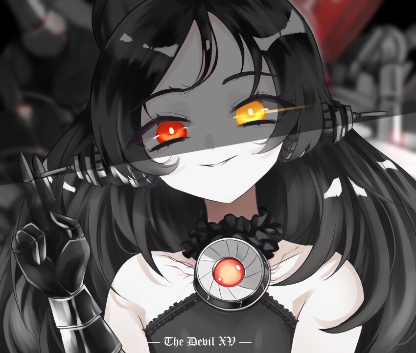 1girl, arbiter_the_devil_xv_(azur_lane), azur_lane, bare_shoulders, black_dress, black_gloves, black_hair, character_name