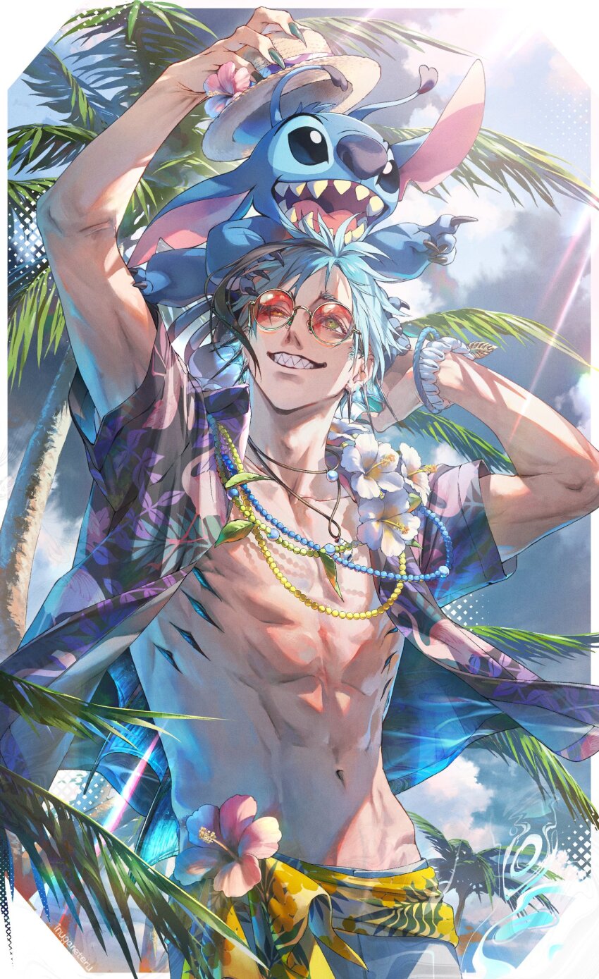 1boy, abs, alien, arms_up, beach, bracelet, clenched_teeth, cloud