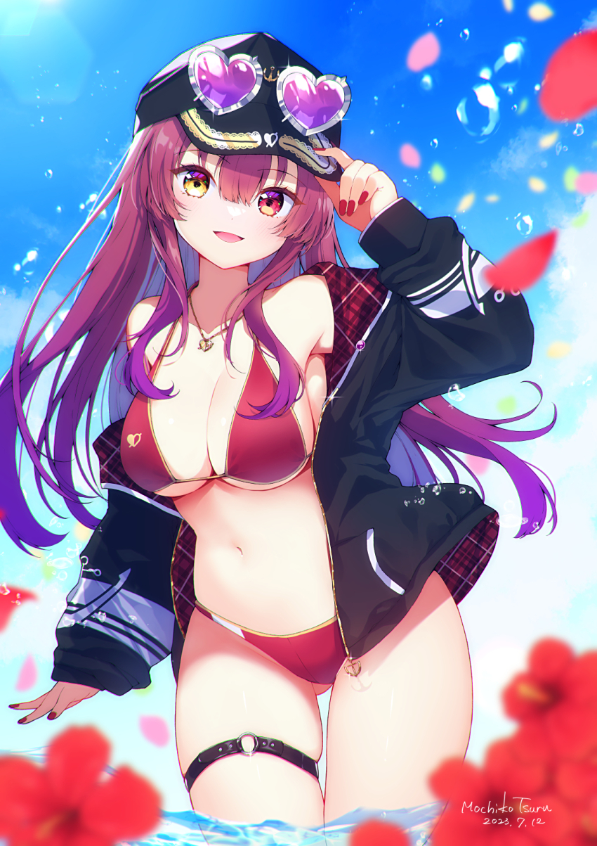 1girl, 2023, :d, baseball_cap, bikini, black_hat, black_jacket, blue_sky
