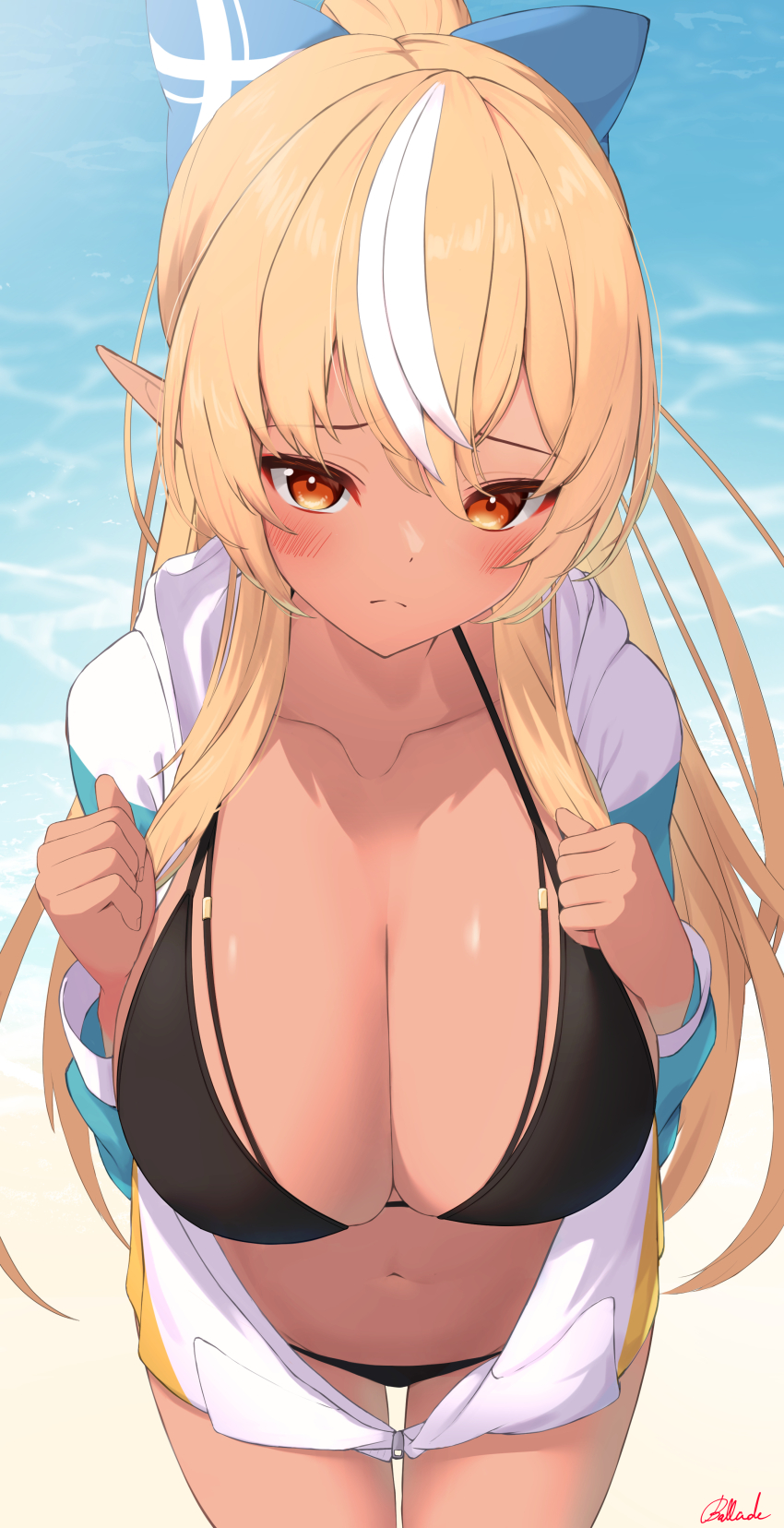 1girl, absurdres, beach, bikini, bizusuhatu123, black_bikini, blonde_hair, blue_bow, blush, bow, breasts, cleavage, dark-skinned_female, dark_skin, embarrassed, hair_bow, high_ponytail, highres, hololive, jacket, large_breasts, looking_at_viewer, multicolored_hair, navel, orange_eyes, pointy_ears, ponytail, sand, shiranui_flare, streaked_hair, swimsuit, virtual_youtuber, water, white_hair, white_jacket
