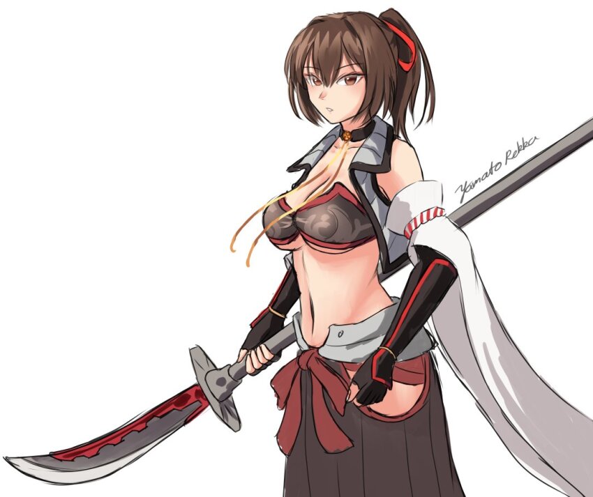 1girl, artist_name, azur_lane, breasts, choker, cleavage, cosplay, glaive_(polearm)