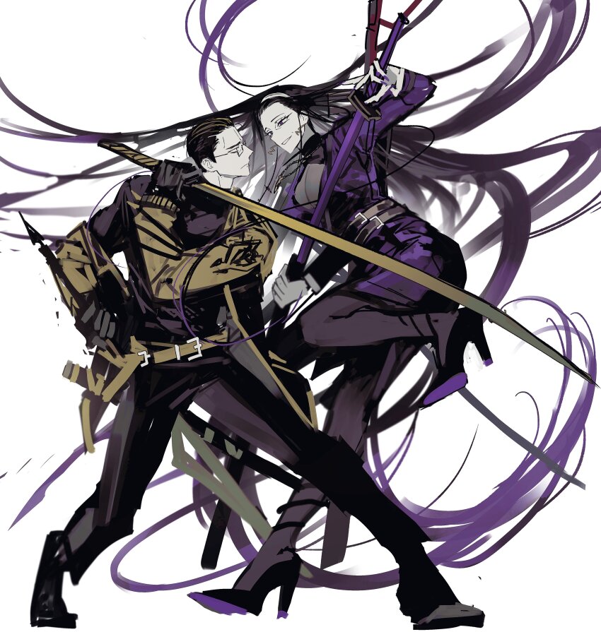 1boy, 1girl, absurdres, belt, black_footwear, black_gloves, black_hair, black_pants