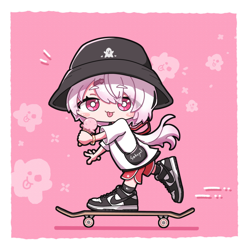 :p, black_hat, blush_stickers, bucket_hat, chibi, food, gyorasuke, hair_ornament, hairclip, hat, highres, holding, holding_food, holding_ice_cream, ice_cream, low_ponytail, nijisanji, nike_dunk, pink_hair, ponytail, red_eyes, red_shorts, shiina_yuika, shirt, shoes, shorts, skateboard, skateboarding, sneakers, t-shirt, tongue, tongue_out, virtual_youtuber, white_shirt