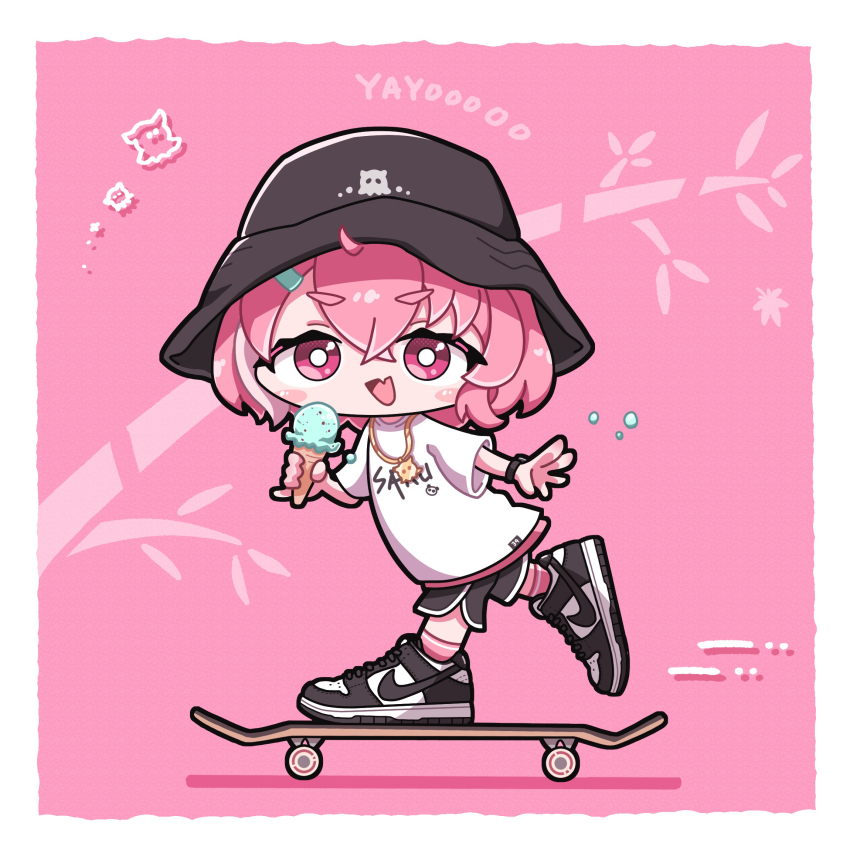 1girl, :d, adapted_costume, bass_guitar, black_hat, blush_stickers, bucket_hat, chibi