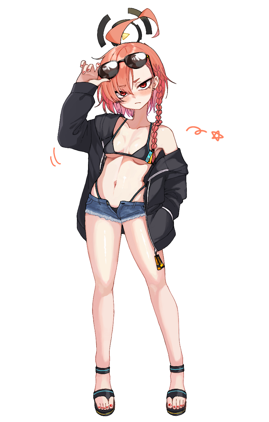 1girl, ahoge, alternate_costume, bikini, black_bikini, black_jacket, blue_archive, blush, braid, breasts, commentary_request, denim, denim_shorts, eyewear_on_head, unworn_eyewear, feet, full_body, halo, hand_in_pocket, head_tilt, highleg, highleg_bikini, highres, holding, holding_removed_eyewear, jacket, legs, linea_alba, looking_at_viewer, micro_shorts, mofujiro, mole, mole_under_eye, nail_polish, navel, neru_(blue_archive), orange_hair, red_eyes, sandals, shorts, single_braid, small_breasts, solo, string_bikini, sunglasses, swimsuit, thighhighs, toenail_polish, toenails, toes