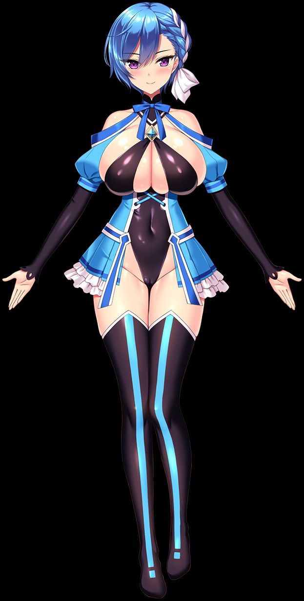 1girl, blue_hair, bow, braid, breasts, cameltoe, catherine_e._romancia, cleavage, derauea, full_body, hair_bow, highres, huge_breasts, large_breasts, leotard, looking_at_viewer, motto!_haramase!_(series), motto!_haramase!_honoo_no_oppai_isekai_ero_mahou_gakuen!, purple_eyes, short_hair, smile, solo