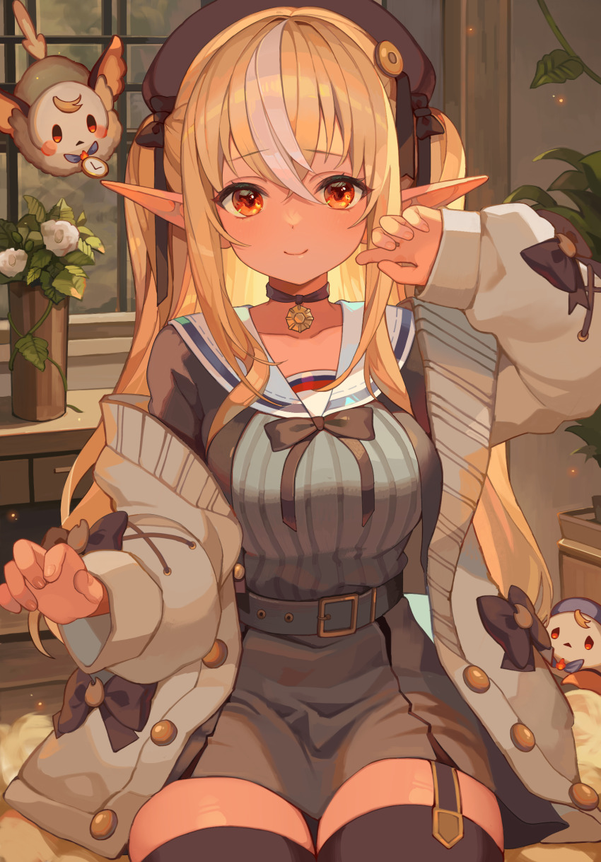 1girl, absurdres, belt, belt_buckle, black_choker, black_hat, black_thighhighs, blonde_hair