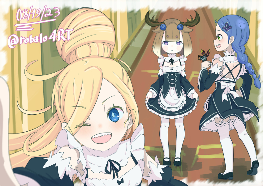3girls, antlers, blonde_hair, brown_hair, highres, horns, louis_arneb, maid, meili_portroute, multicolored_hair, multiple_girls, purple_hair, re:zero_kara_hajimeru_isekai_seikatsu, shaula_(re:zero), spica_(re:zero), tagme, tanza_(re:zero), two-tone_hair