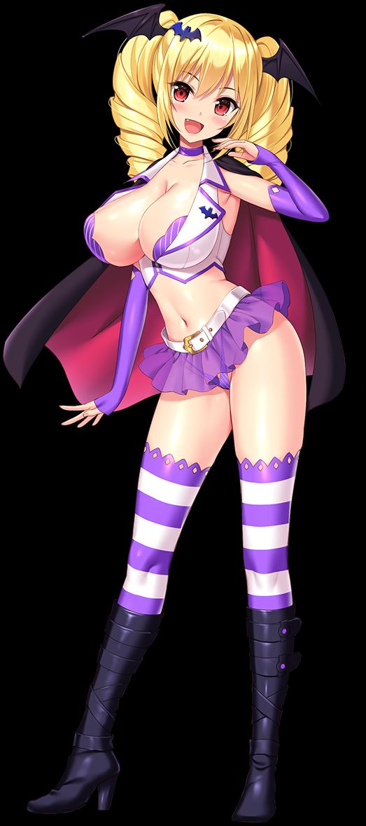 1girl, bat_hair_ornament, bat_wings, blonde_hair, breasts, casinia_vlad_clausel, cleavage, derauea, drill_hair, fang, full_body, hair_ornament, head_wings, high_heels, large_breasts, looking_at_viewer, miniskirt, motto!_haramase!_(series), motto!_haramase!_honoo_no_oppai_isekai_ero_mahou_gakuen!, navel, open_mouth, purple_footwear, purple_skirt, red_eyes, skirt, smile, solo, striped_clothes, striped_thighhighs, thighhighs, twintails, vampire, wings