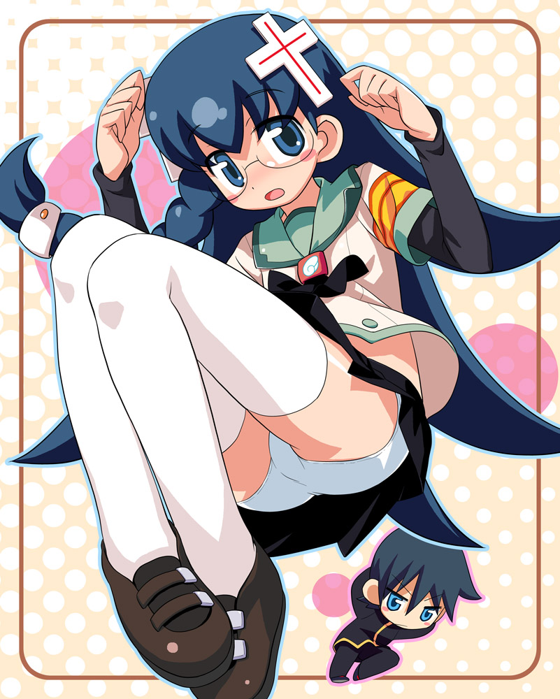 1boy, 1girl, abe_maria, arms_behind_head, black_hair, black_ribbon, black_skirt, blue_eyes, blue_hair, blush, blush_stickers, braid, chibi, chibi_inset, commentary, cross_hair_ornament, doki_doki_majo_shinpan, gakuran, glasses, gold_trim, green_sailor_collar, green_trim, hair_ornament, hands_up, hiro_hiroki, loafers, looking_at_viewer, miniskirt, nishimura_akuji, open_mouth, panties, polka_dot, polka_dot_background, ribbon, sailor_collar, school_uniform, shoes, side_braid, skirt, thighhighs, undershirt, underwear, white_panties, white_thighhighs