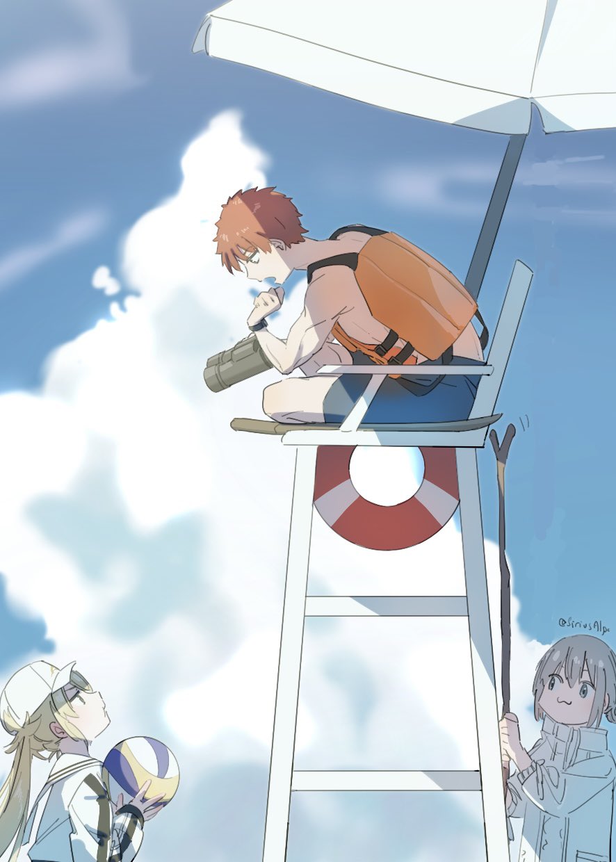 1girl, 2boys, :3, artoria_caster_(fate), artoria_caster_(swimsuit)_(fate), artoria_caster_(swimsuit)_(first_ascension)_(fate), artoria_caster_(swimsuit_berserker)_(first_ascension)_(fate), artoria_pendragon_(fate)