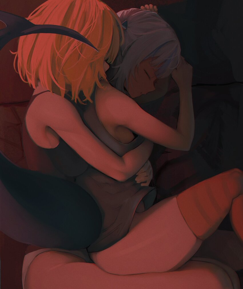 2girls, bare_shoulders, bed, bed_sheet, black_shirt, blonde_hair, blue_hair, bottomless