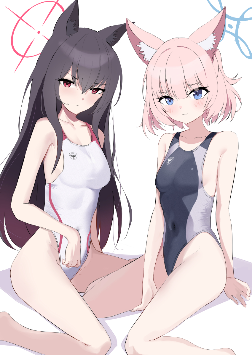 2girls, absurdres, animal_ears, black_hair, black_one-piece_swimsuit, blonde_hair, blue_archive, blue_eyes